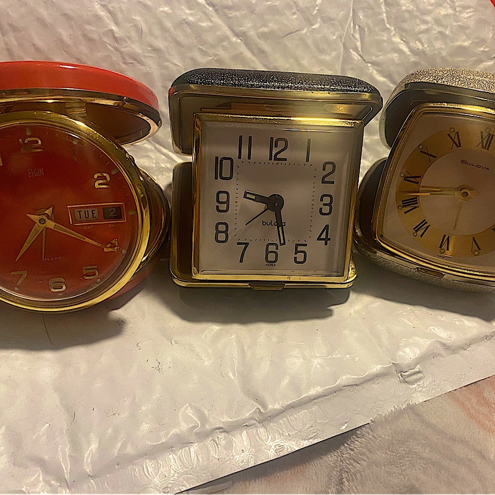 Vintage Mid Century Travel Clocks “Car Clocks”, 2 Bulova, 1 Elgin all with cases